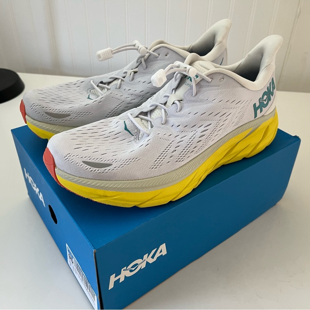HOKA Men’s Clifton 8 Running Sneaker “Blanc De Blanc”. Worn once.